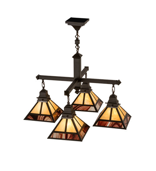 Meyda Lighting "T Mission" 43" 4-Light Craftsman Brown Chandelier With Beige Iridescent & Burgundy Swirl Shade Glass