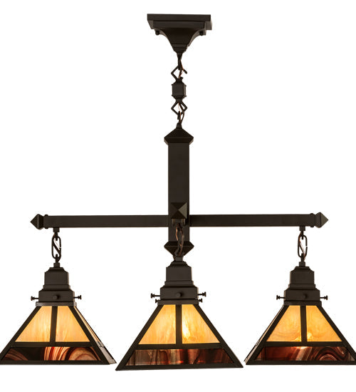 Meyda Lighting "T Mission" 43" 4-Light Craftsman Brown Chandelier With Beige Iridescent & Burgundy Swirl Shade Glass