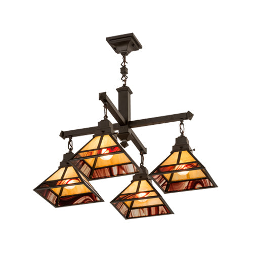 Meyda Lighting "T Mission" 43" 4-Light Craftsman Brown Chandelier With Beige Iridescent & Burgundy Swirl Shade Glass