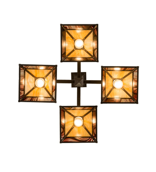 Meyda Lighting "T Mission" 43" 4-Light Craftsman Brown Chandelier With Beige Iridescent & Burgundy Swirl Shade Glass