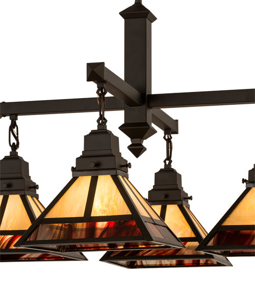 Meyda Lighting "T Mission" 43" 4-Light Craftsman Brown Chandelier With Beige Iridescent & Burgundy Swirl Shade Glass