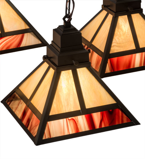 Meyda Lighting "T Mission" 43" 4-Light Craftsman Brown Chandelier With Beige Iridescent & Burgundy Swirl Shade Glass