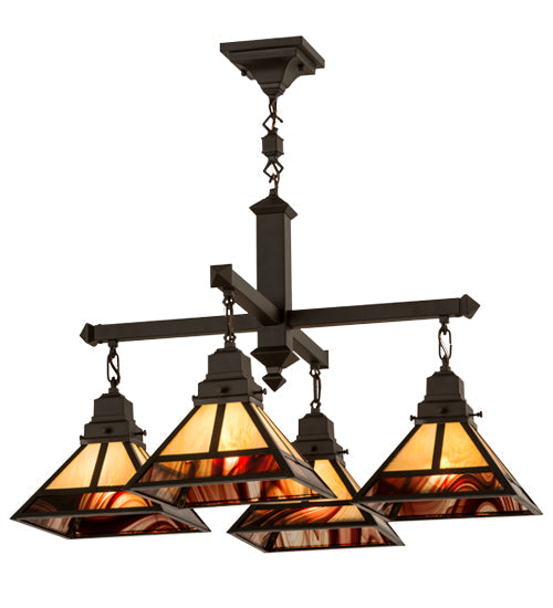 Meyda Lighting "T Mission" 43" 4-Light Craftsman Brown Chandelier With Beige Iridescent & Burgundy Swirl Shade Glass