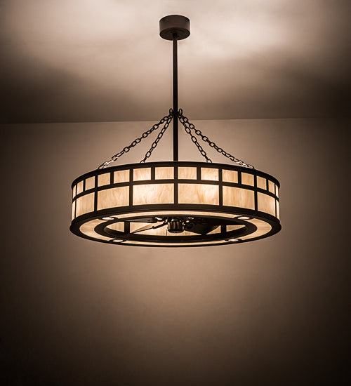 Meyda Lighting "T Mission" 45" 8-Light Mahogany Bronze Chandelier With Creme Carrare Idalight Shade Glass and Fan