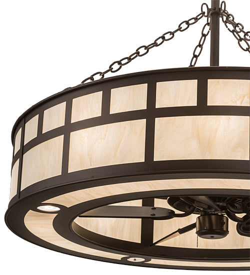 Meyda Lighting "T Mission" 45" 8-Light Mahogany Bronze Chandelier With Creme Carrare Idalight Shade Glass and Fan