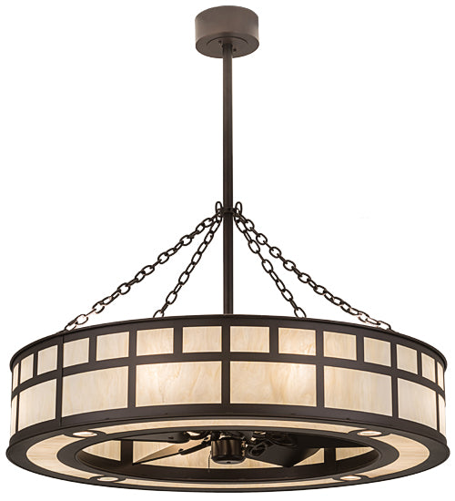 Meyda Lighting "T Mission" 45" 8-Light Mahogany Bronze Chandelier With Creme Carrare Idalight Shade Glass and Fan