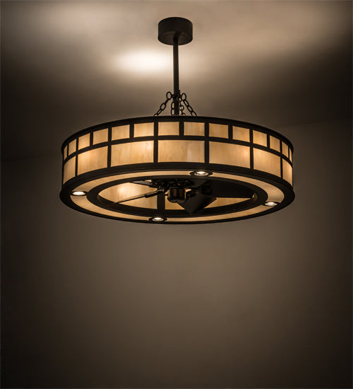 Meyda Lighting "T Mission" 45" 8-Light Oil Rubbed Bronze Chandelier With Sahara Taupe Idalight Shade Glass and Fan