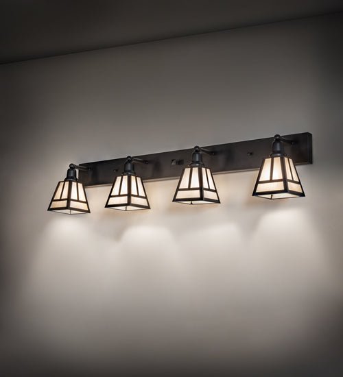Meyda Lighting "T" Mission 52" 4-Light Old Wrought Iron Vanity Light With Beige Sahara Taupe Idalight Shade