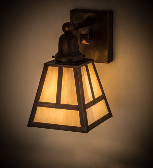 Meyda Lighting T Mission 6" Vintage Brass Wall Sconce With Beige Iridescent Shade Glass