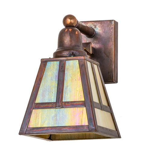 Meyda Lighting T Mission 6" Vintage Brass Wall Sconce With Beige Iridescent Shade Glass