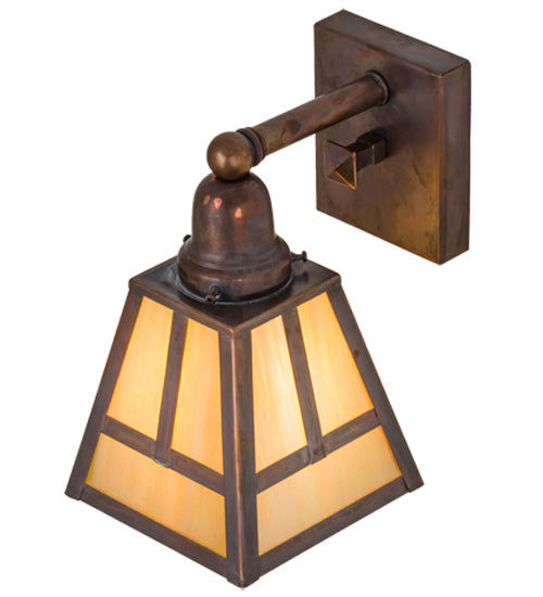 Meyda Lighting T Mission 6" Vintage Brass Wall Sconce With Beige Iridescent Shade Glass