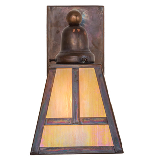 Meyda Lighting T Mission 6" Vintage Brass Wall Sconce With Beige Iridescent Shade Glass