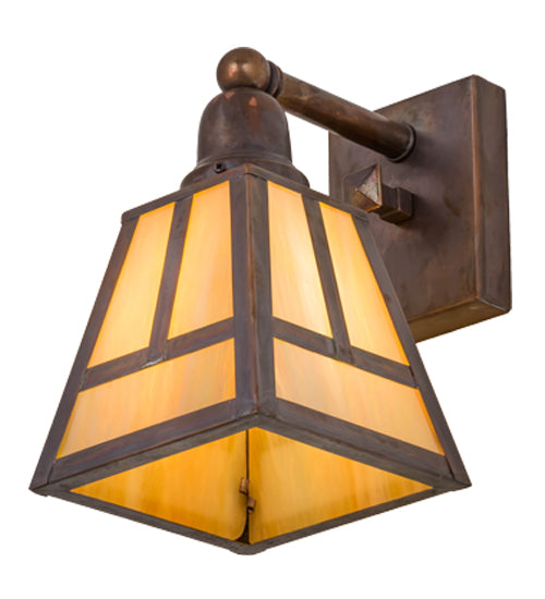 Meyda Lighting T Mission 6" Vintage Brass Wall Sconce With Beige Iridescent Shade Glass