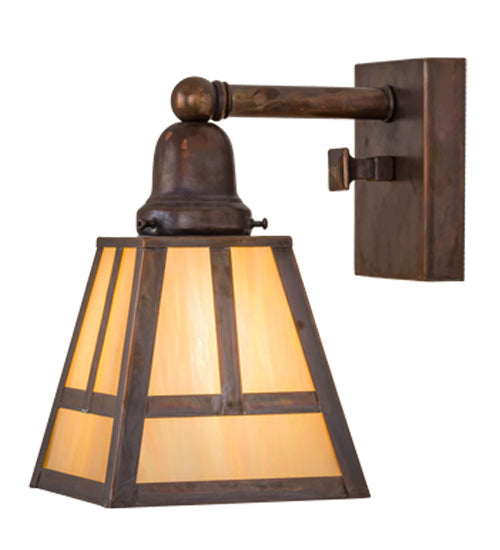 Meyda Lighting T Mission 6" Vintage Brass Wall Sconce With Beige Iridescent Shade Glass