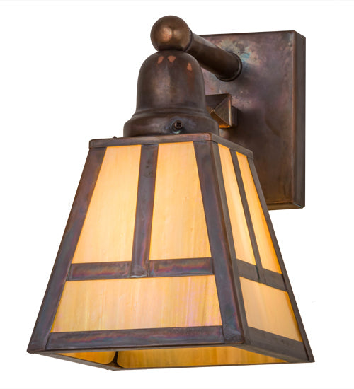 Meyda Lighting T Mission 6" Vintage Brass Wall Sconce With Beige Iridescent Shade Glass