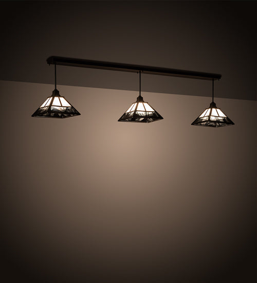 Meyda Lighting "T Mission" 84" 3-Light Oil Rubbed Bronze Island Pendant Light With White Opal & Black Baroque Shade Glass