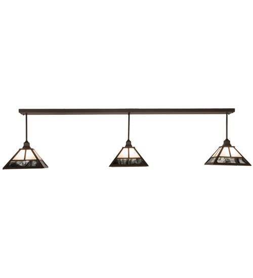 Meyda Lighting "T Mission" 84" 3-Light Oil Rubbed Bronze Island Pendant Light With White Opal & Black Baroque Shade Glass