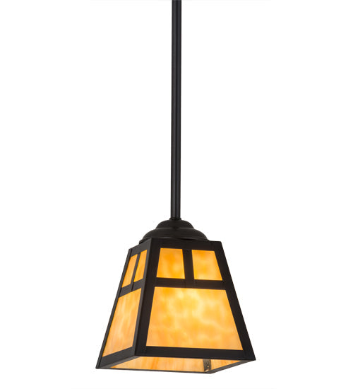 Meyda Lighting "T" Mission 9" Craftsman Brown Mini Pendant Light With Beige Art Shade Glass