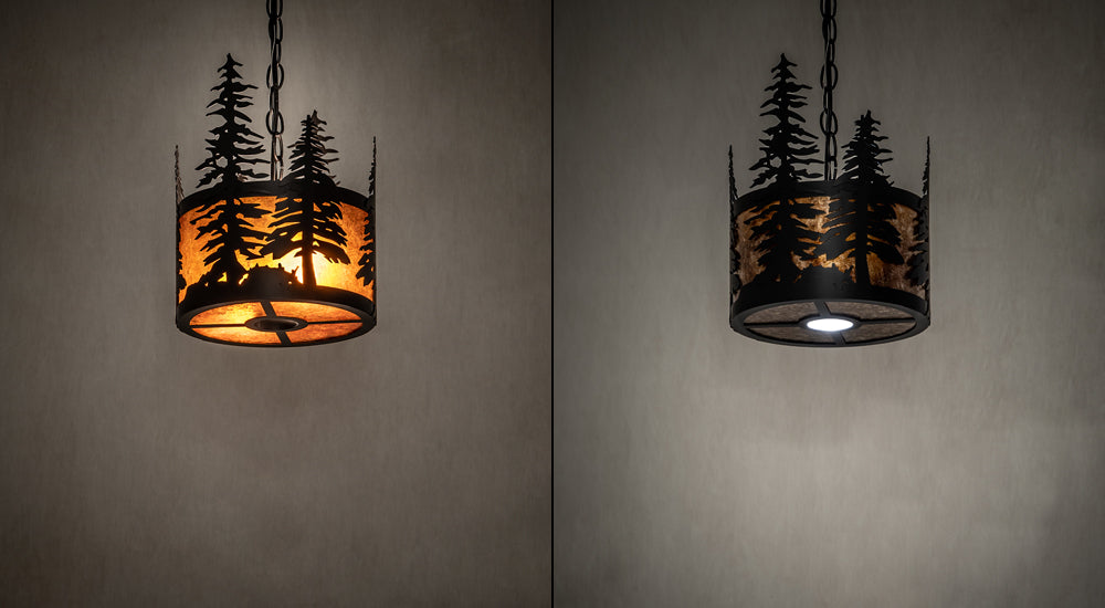 Meyda Lighting Tall Pines 10" 3-Light Solar Black Pendant Light With Amber Mica Shade Glass