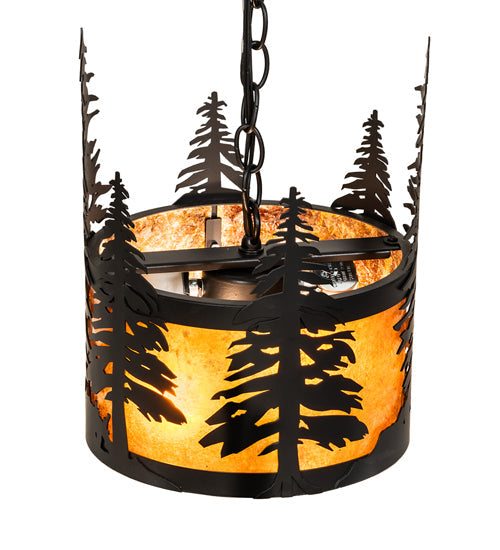 Meyda Lighting Tall Pines 10" 3-Light Solar Black Pendant Light With Amber Mica Shade Glass