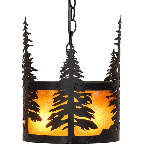 Meyda Lighting Tall Pines 10" 3-Light Solar Black Pendant Light With Amber Mica Shade Glass