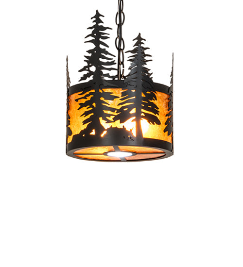 Meyda Lighting Tall Pines 10" 3-Light Solar Black Pendant Light With Amber Mica Shade Glass
