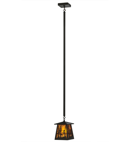Meyda Lighting Tall Pines 10" Wrought Iron Mini Pendant Light With Amber Mica Shade Glass