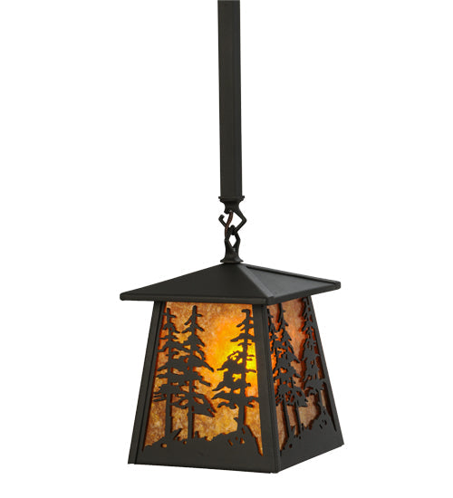 Meyda Lighting Tall Pines 10" Wrought Iron Mini Pendant Light With Amber Mica Shade Glass