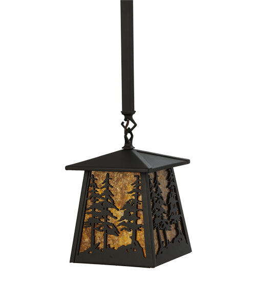 Meyda Lighting Tall Pines 10" Wrought Iron Mini Pendant Light With Amber Mica Shade Glass