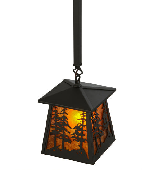 Meyda Lighting Tall Pines 10" Wrought Iron Mini Pendant Light With Amber Mica Shade Glass