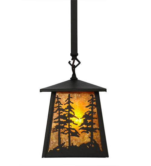 Meyda Lighting Tall Pines 10" Wrought Iron Mini Pendant Light With Amber Mica Shade Glass
