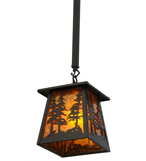 Meyda Lighting Tall Pines 10" Wrought Iron Mini Pendant Light With Amber Mica Shade Glass