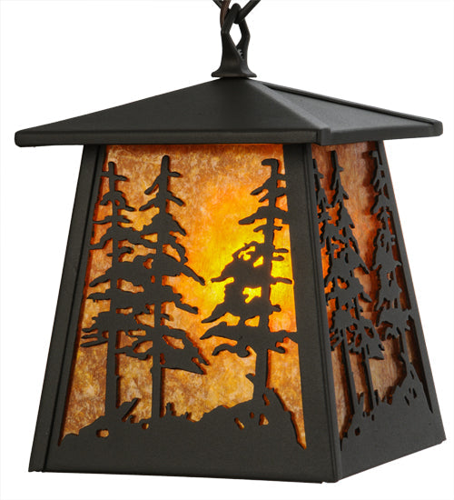 Meyda Lighting Tall Pines 10" Wrought Iron Mini Pendant Light With Amber Mica Shade Glass