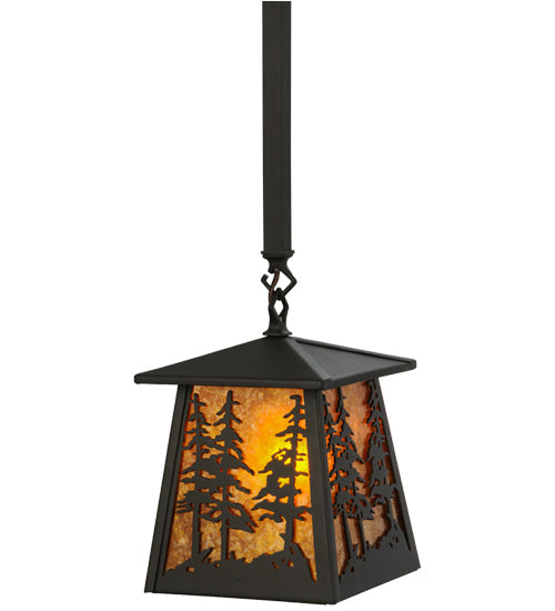 Meyda Lighting Tall Pines 10" Wrought Iron Mini Pendant Light With Amber Mica Shade Glass