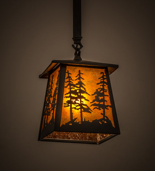 Meyda Lighting Tall Pines 10" Wrought Iron Pendant Light With Amber Mica Shade Glass