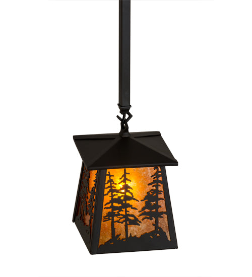 Meyda Lighting Tall Pines 10" Wrought Iron Pendant Light With Amber Mica Shade Glass