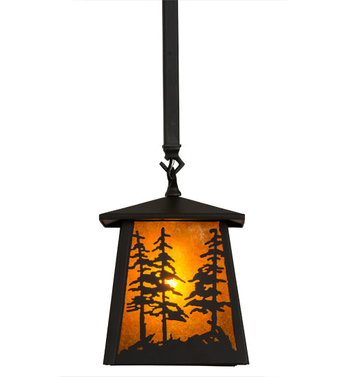 Meyda Lighting Tall Pines 10" Wrought Iron Pendant Light With Amber Mica Shade Glass