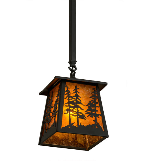 Meyda Lighting Tall Pines 10" Wrought Iron Pendant Light With Amber Mica Shade Glass