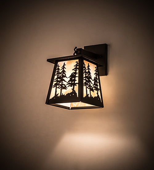 Meyda Lighting Tall Pines 11" Oil Rubbed Bronze Hanging Wall Sconce With Beige Iridescent Art Shade Glass