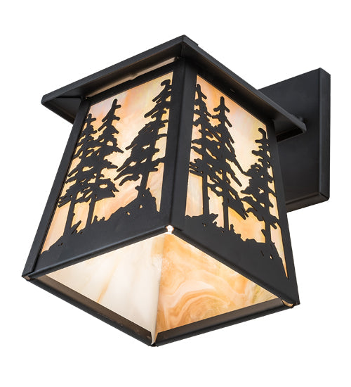 Meyda Lighting Tall Pines 11" Oil Rubbed Bronze Hanging Wall Sconce With Beige Iridescent Art Shade Glass
