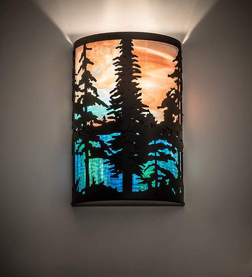 Meyda Lighting Tall Pines 12" 2-Light Black Satin Wrought Iron Wall Sconce With Pink & Blue Shade Glass