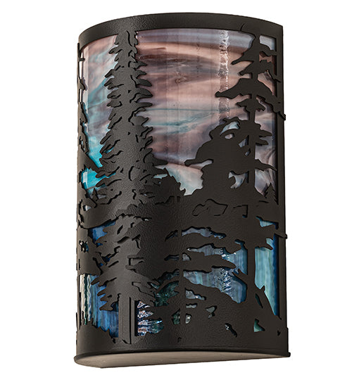Meyda Lighting Tall Pines 12" 2-Light Black Satin Wrought Iron Wall Sconce With Pink & Blue Shade Glass