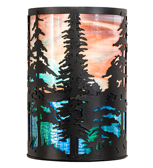 Meyda Lighting Tall Pines 12" 2-Light Black Satin Wrought Iron Wall Sconce With Pink & Blue Shade Glass