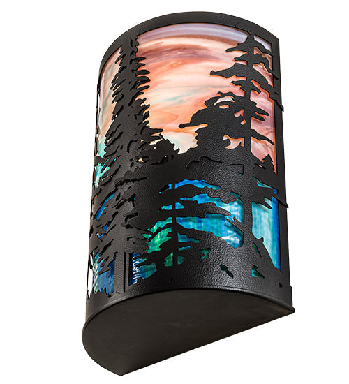 Meyda Lighting Tall Pines 12" 2-Light Black Satin Wrought Iron Wall Sconce With Pink & Blue Shade Glass