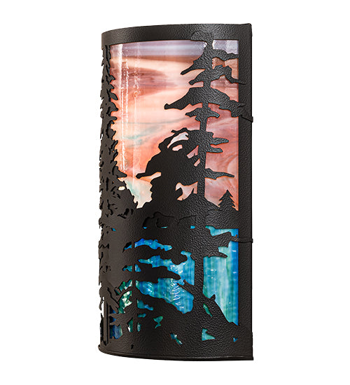 Meyda Lighting Tall Pines 12" 2-Light Black Satin Wrought Iron Wall Sconce With Pink & Blue Shade Glass