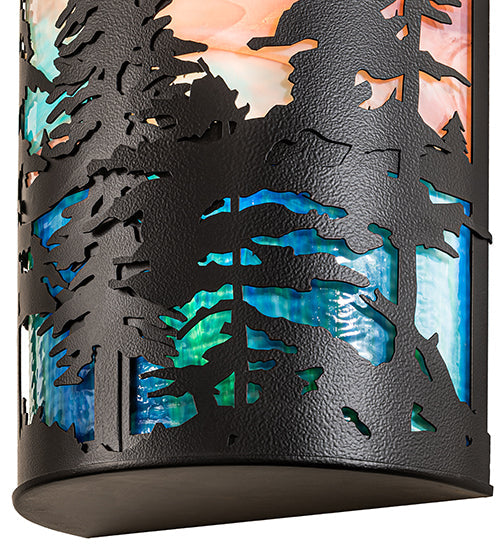 Meyda Lighting Tall Pines 12" 2-Light Black Satin Wrought Iron Wall Sconce With Pink & Blue Shade Glass