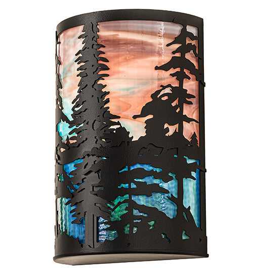 Meyda Lighting Tall Pines 12" 2-Light Black Satin Wrought Iron Wall Sconce With Pink & Blue Shade Glass