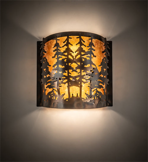 Meyda Lighting Tall Pines 12" 2-Light Dark Burnished Antique Copper Wall Sconce With Amber Mica Shade Glass