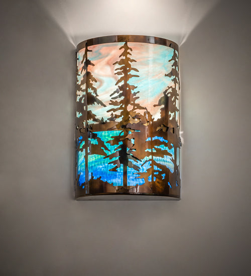 Meyda Lighting Tall Pines 12" 2-Light Light Burnished Transparent Copper Wall Sconce With Multi-Colored Shade Glass