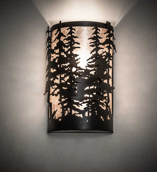 Meyda Lighting Tall Pines 12" 2-Light Textured Black Wall Sconce With Silver Mica Shade Glass